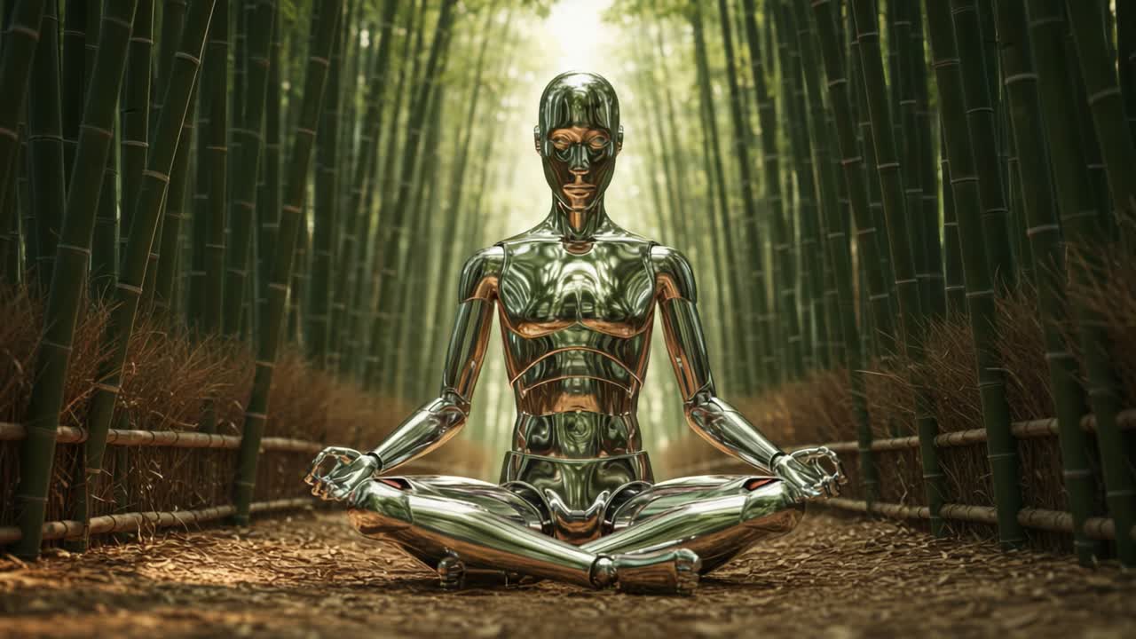 A Meditative Robot in a Serene Bamboo Grove: Exploring the Intersection of Technology and Nature Through a Reflective, Peaceful Silver Android