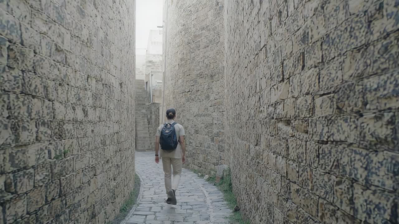 Stepping, man in shirt carrying dark backpack along cobble alley amid stone walls exploring arch
