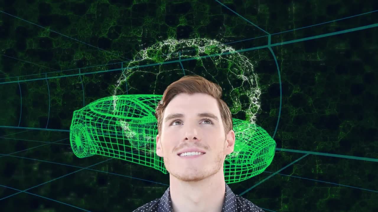 animación de un hombre caucásico sonriente y cerebro humano sobre modelo de dibujo 3d de coche y cuadrícula