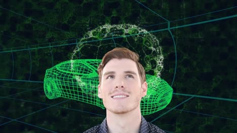 animation of smiling caucasian man and human brain over 3d drawing model of car and grid