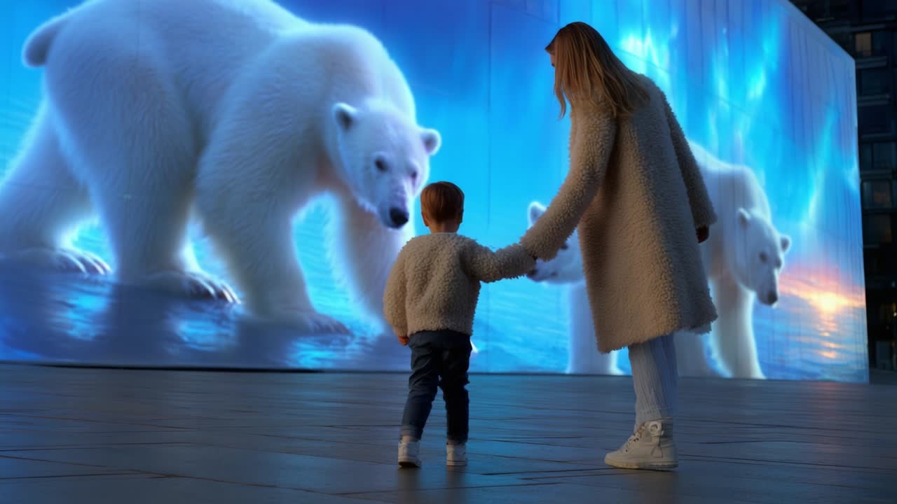A Heartwarming Moment Between a Child and a Mother in Front of a Stunning Polar Bear Projection, Capturing the Magic of Nature Through Art in a Unique Urban Setting