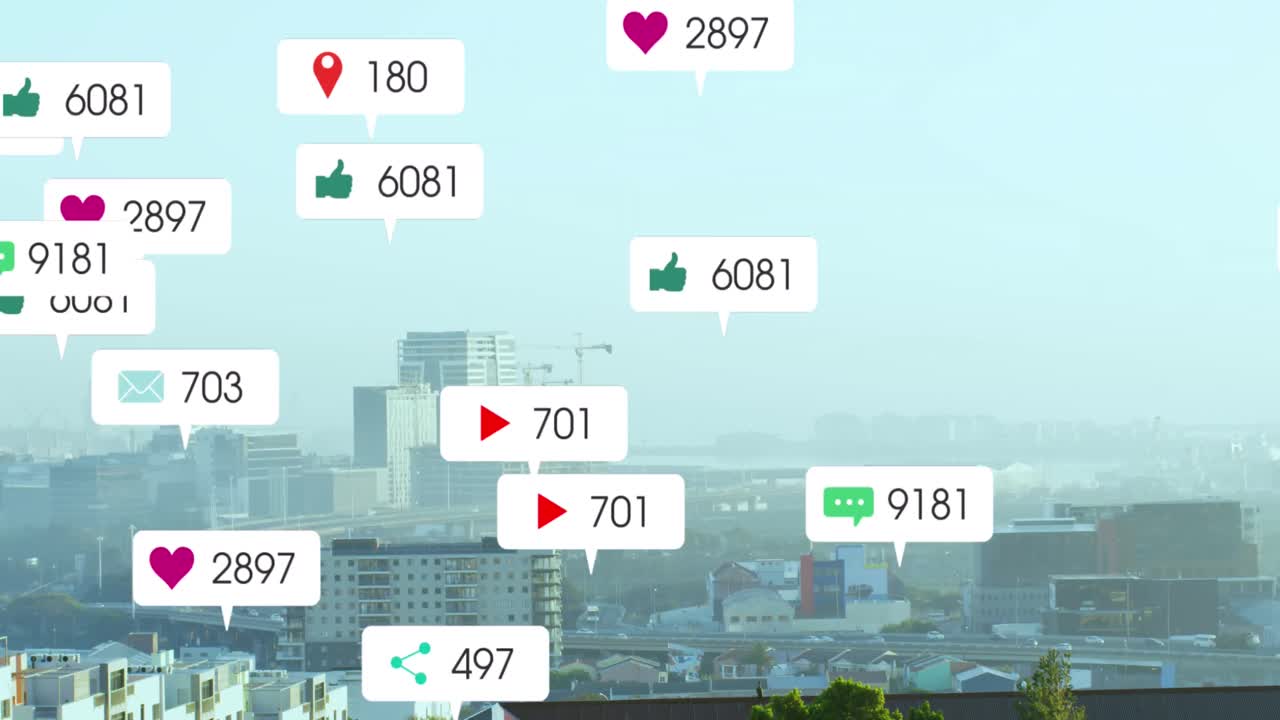 소셜 미디어 아이콘의 애니메이션과 도시 풍경의 공중 전망