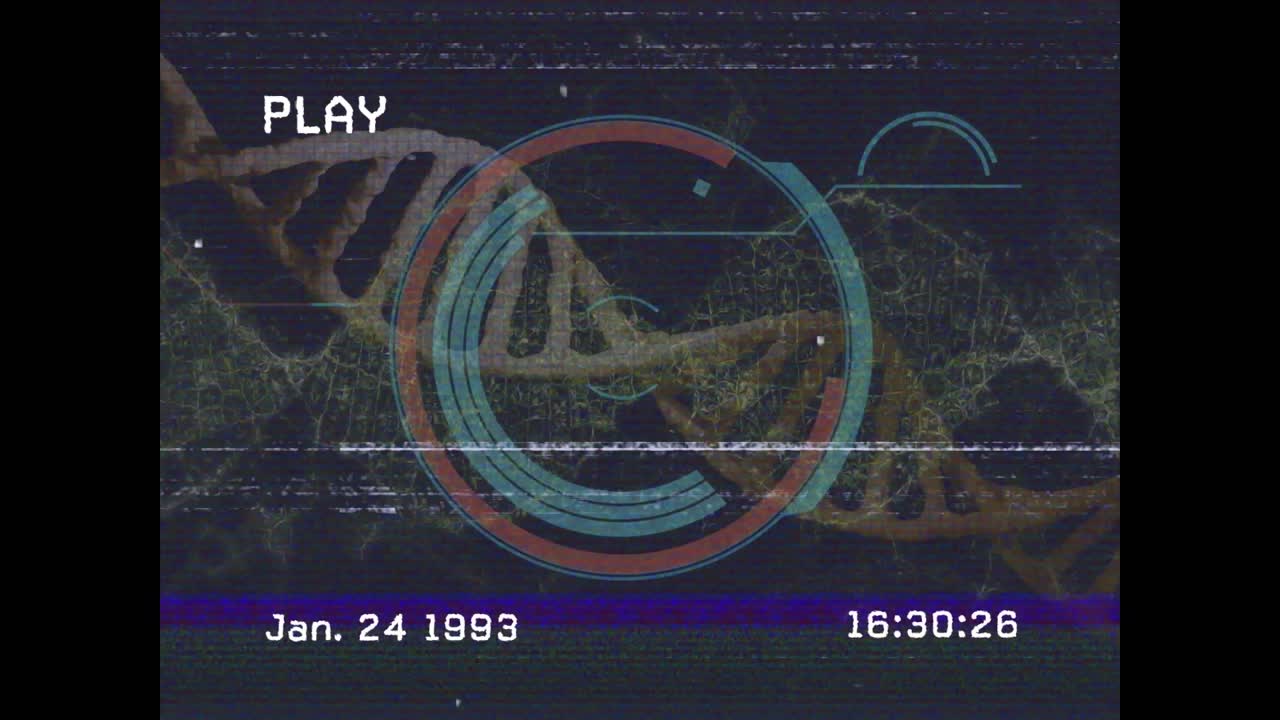 Digital animation of vhs glitch effect over multiple business concept icons on yellow background