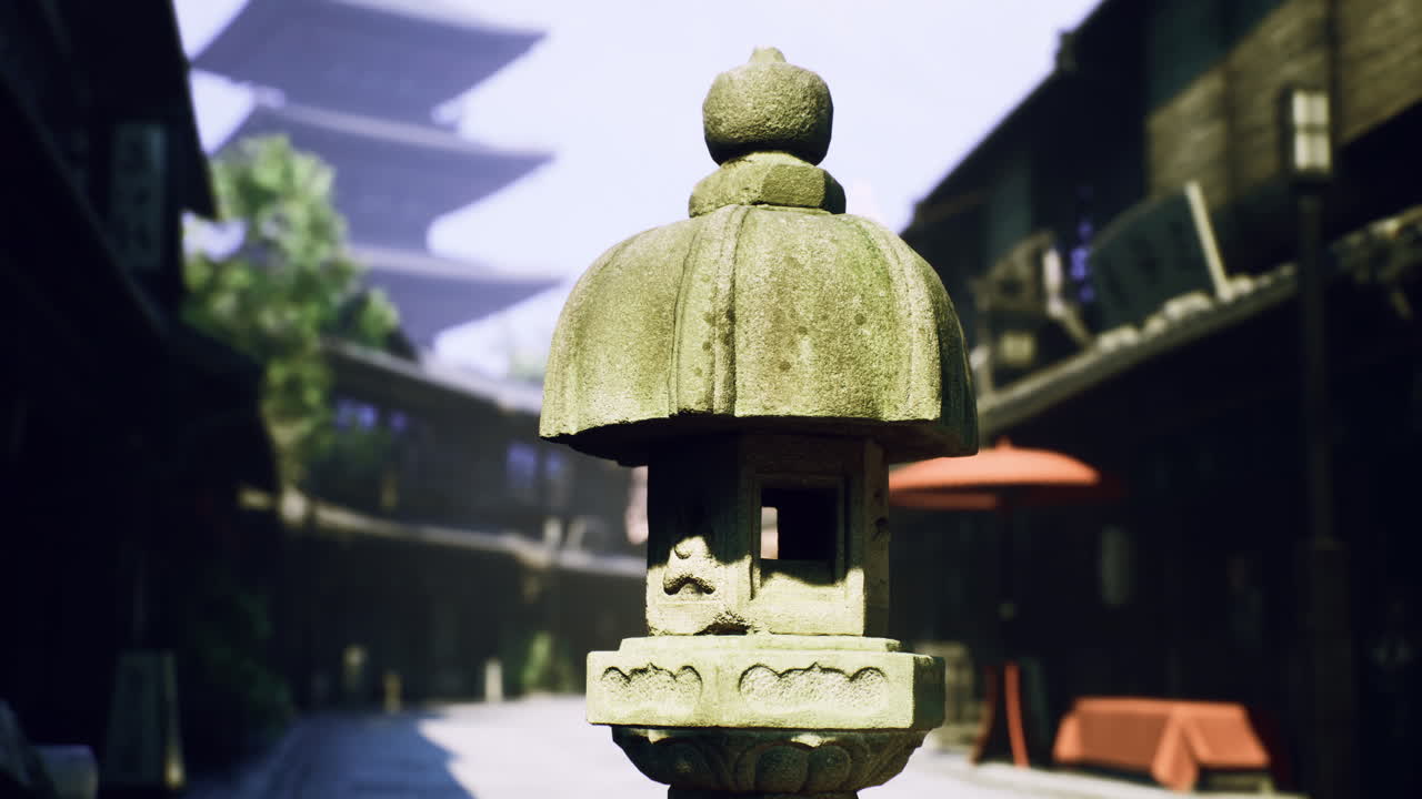 Quiet lantern in traditional street with historic pagoda in background