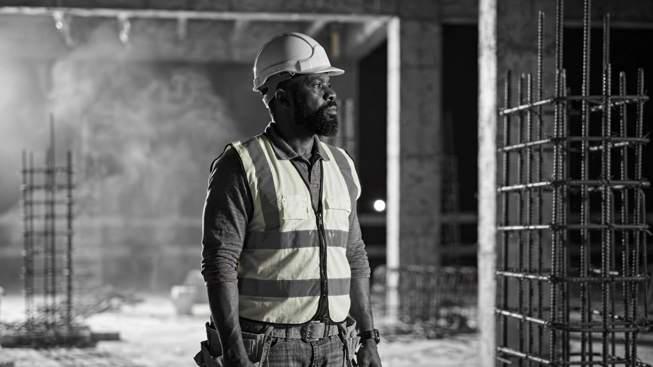 Ein konzentrierter Bauarbeiter mit Helm und Warnweste steht selbstbewusst auf einer Baustelle, umgeben von Gerüsten und Bewehrungsstäben, Entschlossenheit ausstrahlend