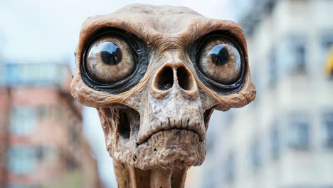 un primer plano de una escultura de una cabeza alienígena con ojos grandes