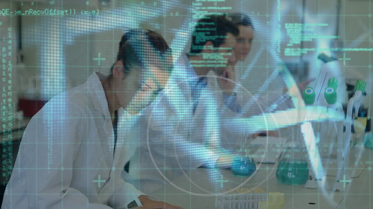 animación de placas de circuitos informáticos, cadenas de adn y datos sobre diversos científicos en el laboratorio