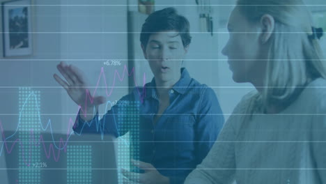 financial data charts animation over diverse business people discussing in office