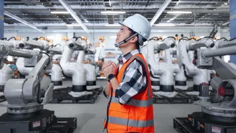 trabajador de la fábrica orando frente a los robots