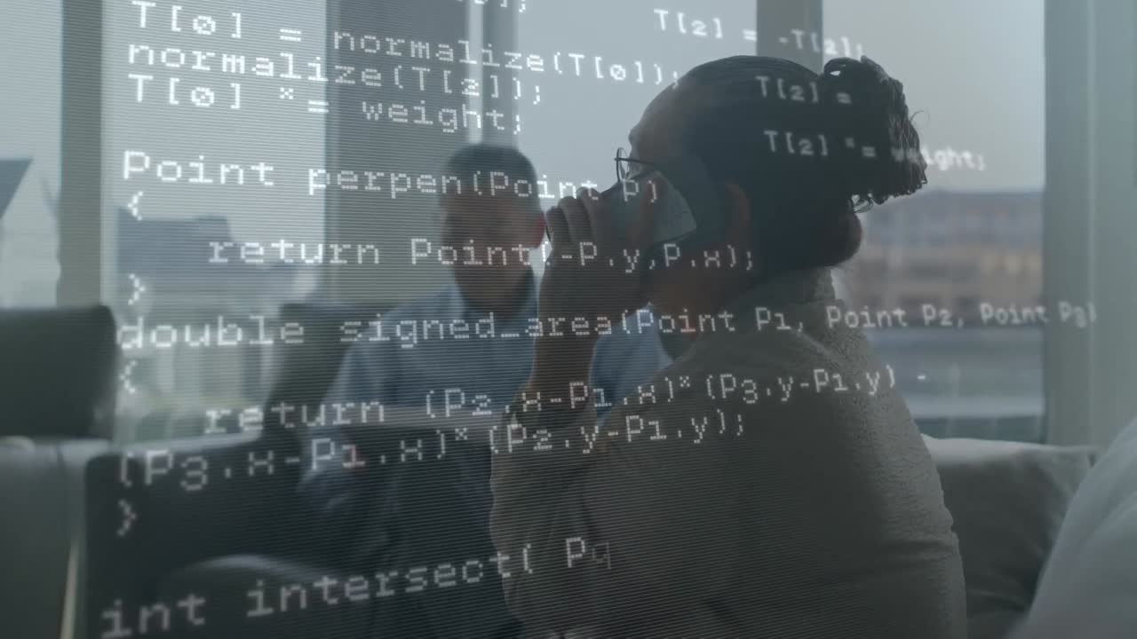 Data processing against african american businesswoman talking on smartphone at office