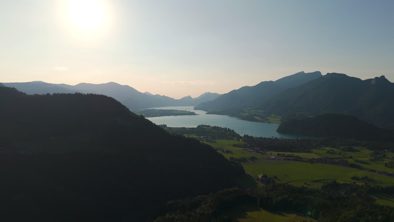 Aerial Drone Shot of Strobl Alpine Town and Lake Wolfgangsee