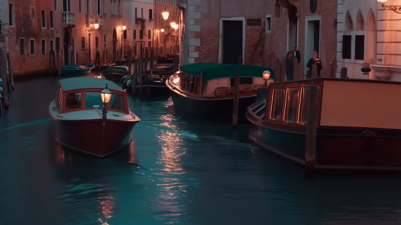 Atardecer en un canal veneciano con barcos y reflejos