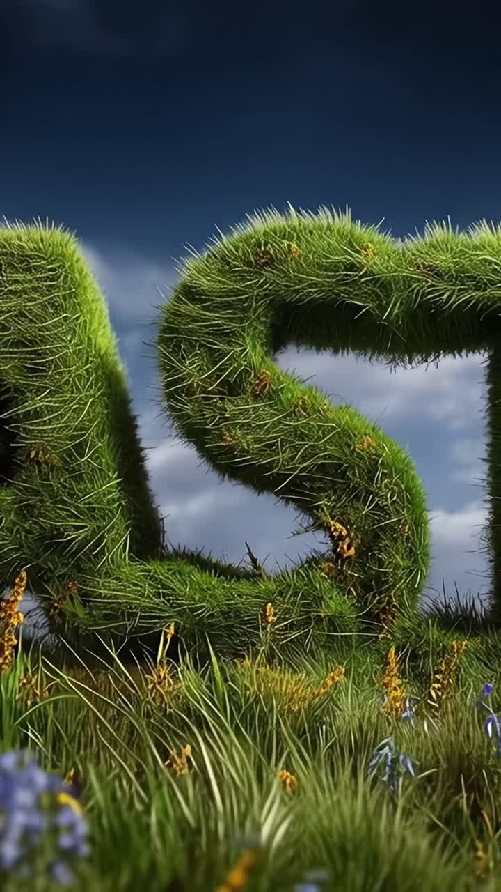 Vibrant Green Lettering Surrounded by Lush Flowers: A Scenic Display of Nature's Beauty and Creativity in a Captivating Outdoor Environment