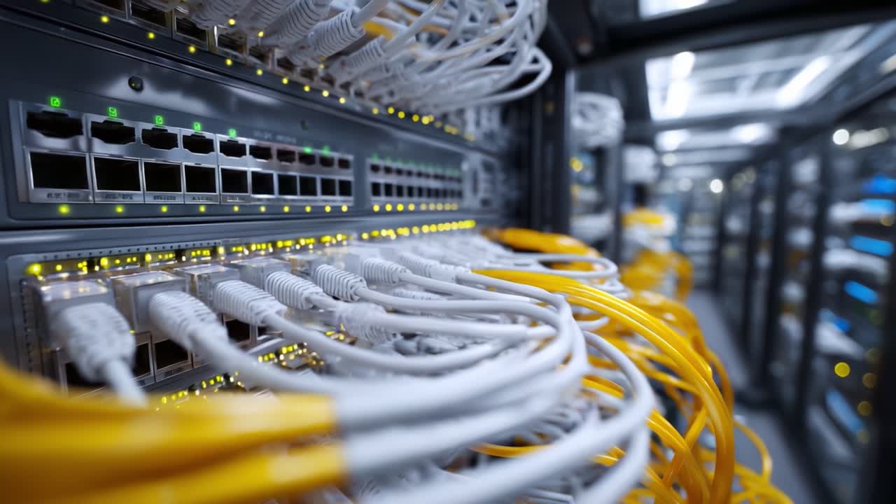 A Close-Up View of Network Cables and Switches in a Data Center, Featuring Organized Connections and Illuminated Indicators for Efficient Communication