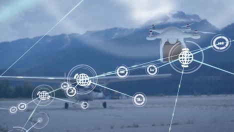 Animation-of-network-of-connections-with-icons-over-drone-carrying-parcel