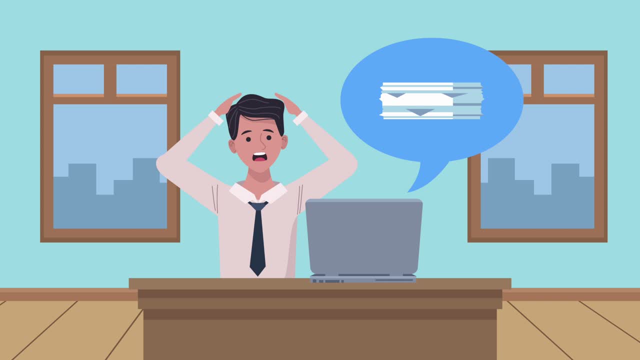 businessman extressed with laptop animation
