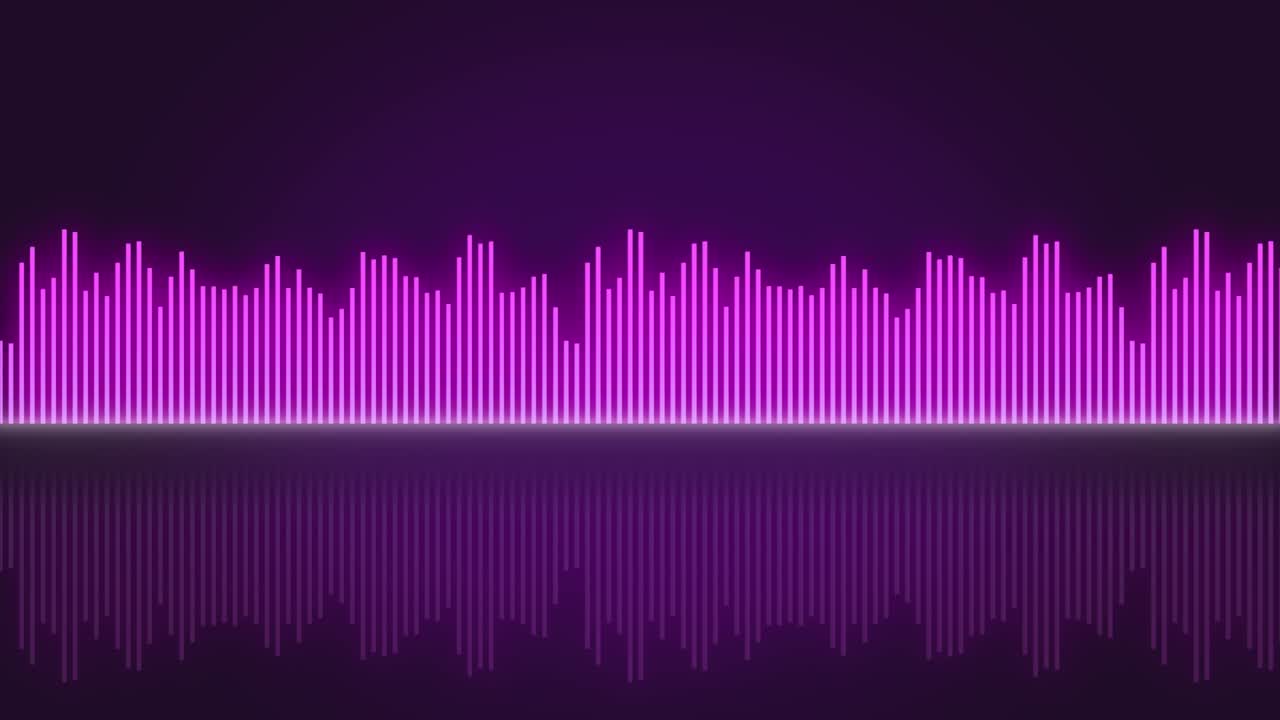 어두운 배경 루프 애니메이션에서 오디오 파동 형태 동일화. 음악 또는 음향 레벨. 추상적인 모션 라이브 벽화. 그라디언트 스트럼 바 그래프. 반이고 스하는 루프 스 4k 영상