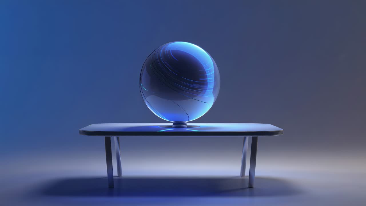 Activating internal bands glowing levitating sphere hovering above table rotating over base ring