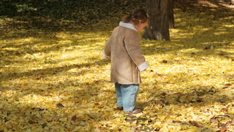 Adorable-Little-Girl-Kicking-Fallen-Yellow-Leaves-in-a-Park---Slow-motion