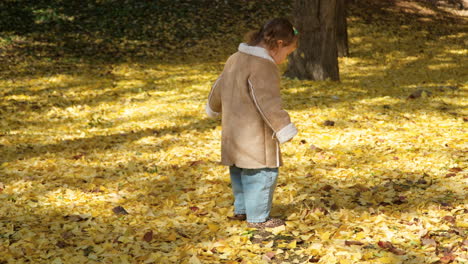 Entzückendes-Kleines-Mädchen,-Das-Gefallene-Gelbe-Blätter-In-Einem-Park-Tritt---Zeitlupe