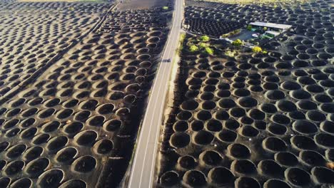 Car-driving-through-majestic-wine-farmland-of-Lanzarote,-aerial-drone-view