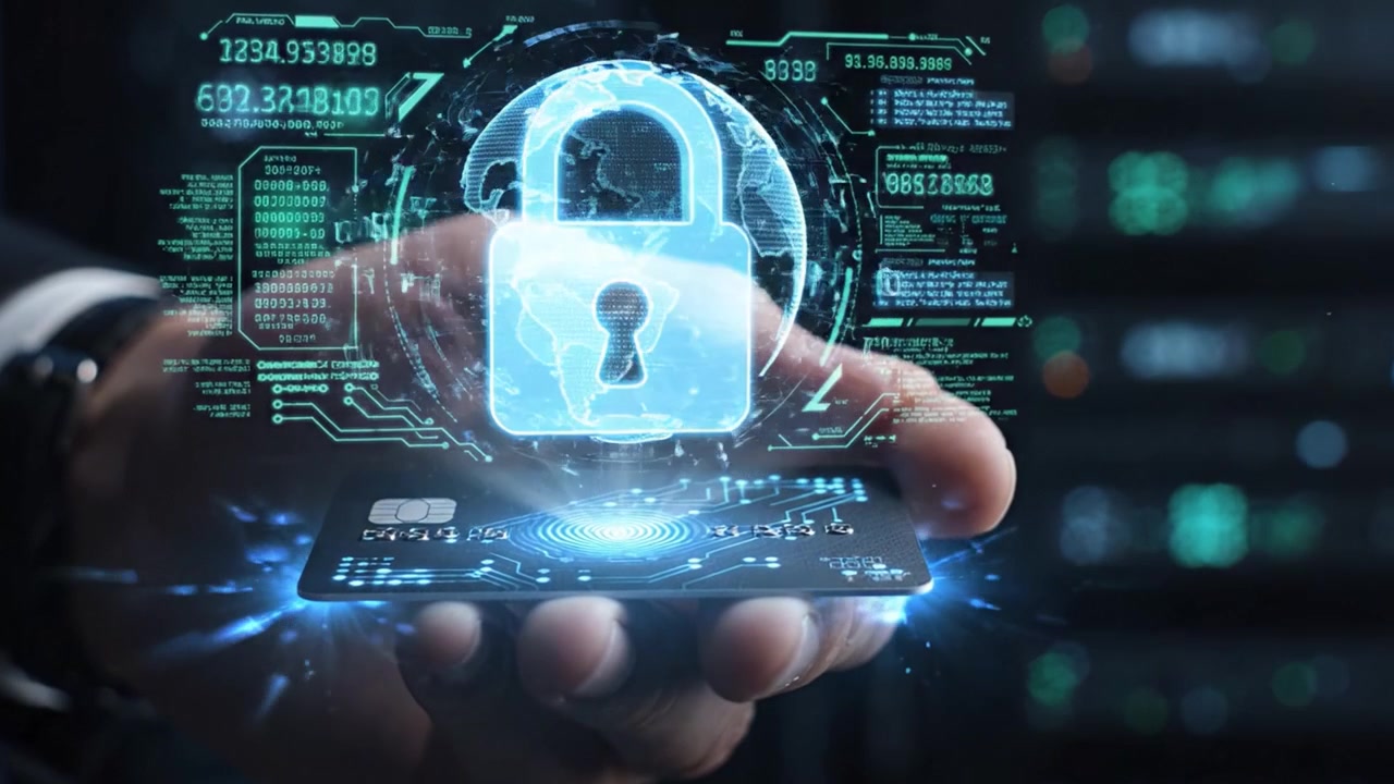 Exploring the Future of Digital Security: A Hand Holding a Card Engaged in a High-Tech Data Transfer with a Cybersecurity Lock Overlaying the Scene