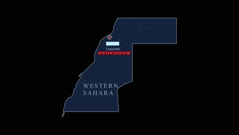 Westsahara-Blaue-Karte-Mit-Laayoune-Hauptstadt-Und-Geografischen-Koordinaten-Auf-Schwarzem-Hintergrund