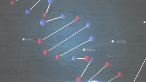 animación de cadenas de adn y números cambiantes, procesamiento de datos médicos en fondo gris