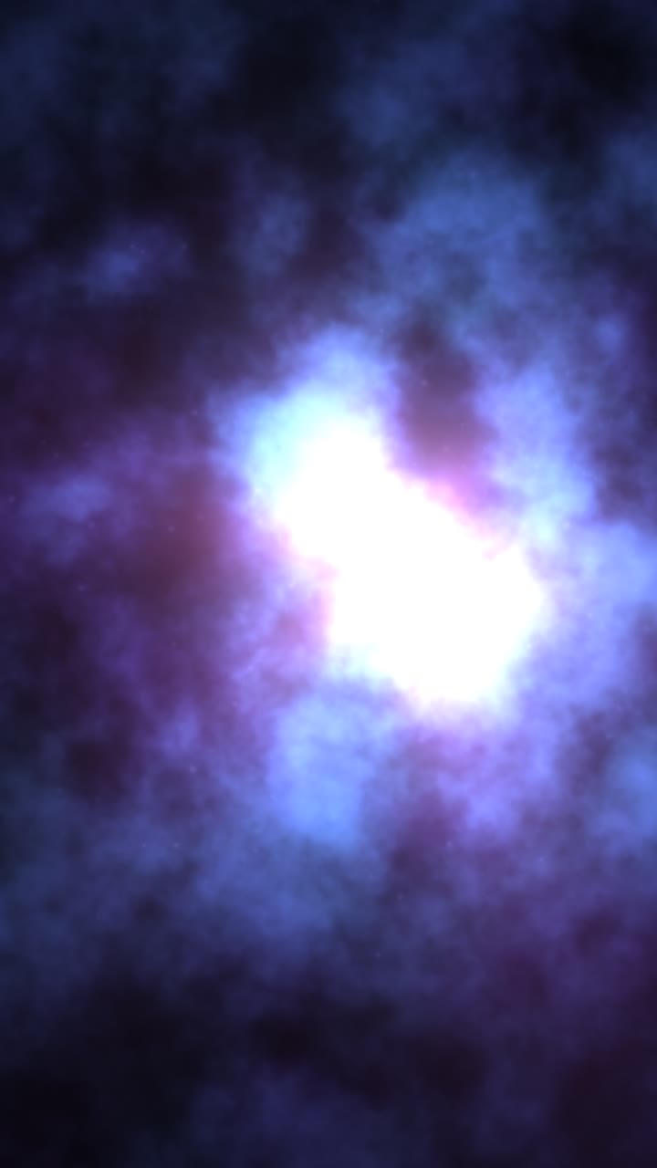 Un nucleo bianco brillante circondato da vorticose particelle blu e viola simili a fumo su uno sfondo scuro.