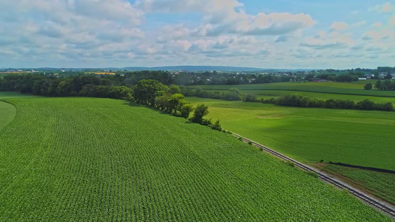 An Aerial Traveling View of Corn Fields and Harvesting Crops, with Patches of Color on a Beautiful Summer Day