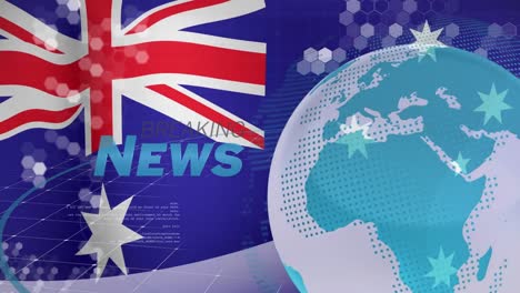 animation of globe and breaking news over flag of australia