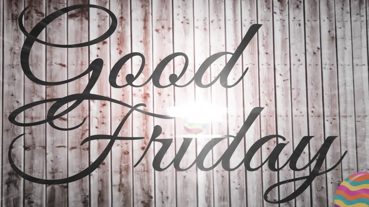 Animation of good friday text with easter egg on wooden background