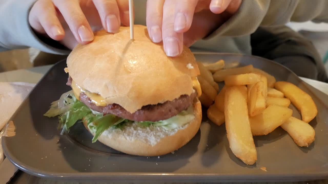 Cheese burger with melted cheese, lettuce, and crispy fries on a plate