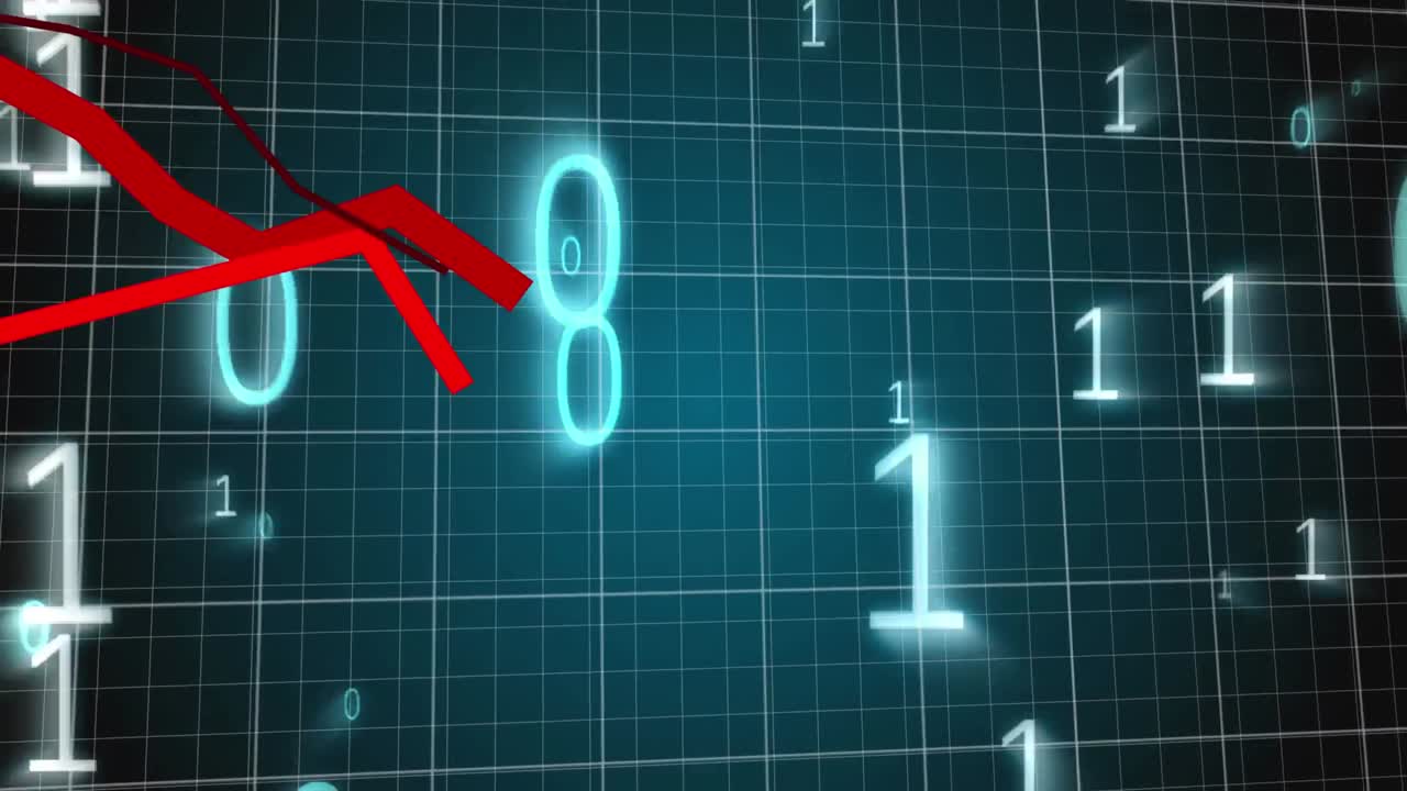 파란색 배경에 떨어지는 숫자에 맞춰 움직이는 빨간색 그래프