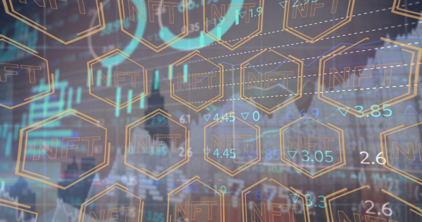 Animation of graphs and hexagons over cityscape