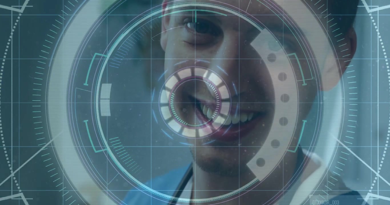 Male doctor preparing stethoscope for exam, causing circular HUD over hands then revealing smile