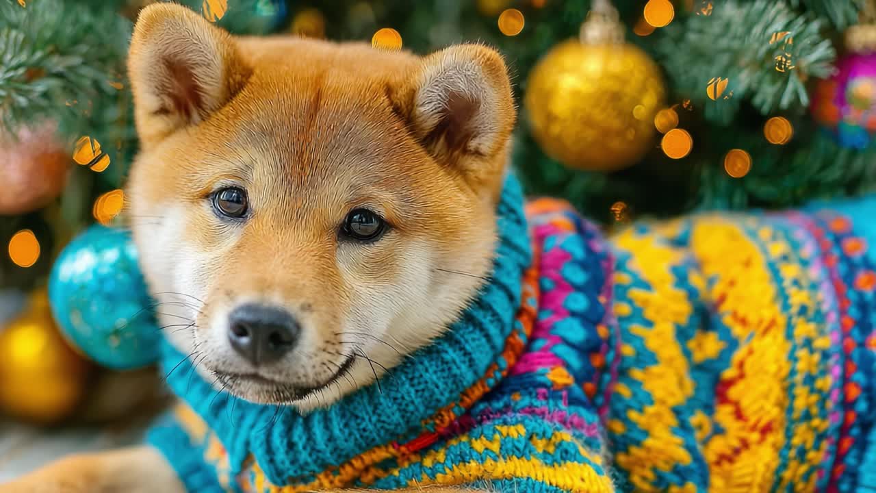 Adorable Shiba Inu in a Colorful Sweater Surrounded by Festive Ornaments and Twinkling Lights, Perfect for Holiday Cheer and Seasonal Celebrations