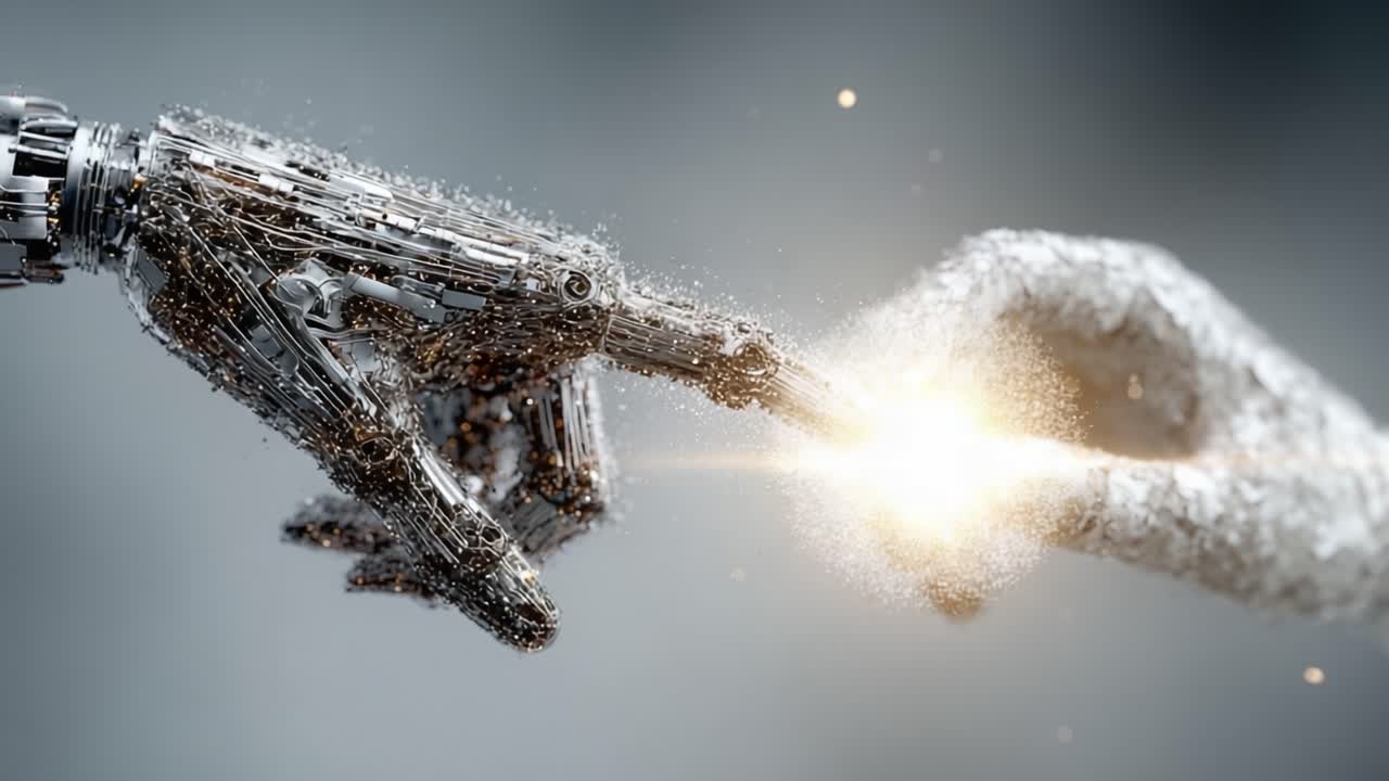 Una connessione simbolica tra umanità e tecnologia: una mano robotica si allunga per toccare una mano umana, rappresentando la fusione di metallo e carne.