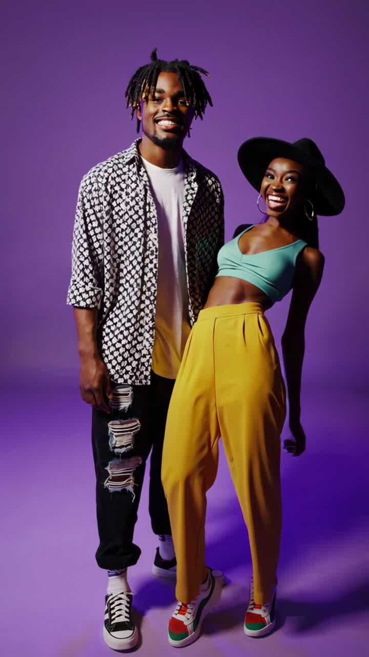 Giovani adulti alla moda in posa su uno sfondo studio viola vivace.