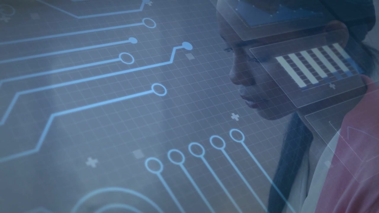 Tech pro tapping tablet screen, right hand activating blue circuit HUD near temple, analyzing data