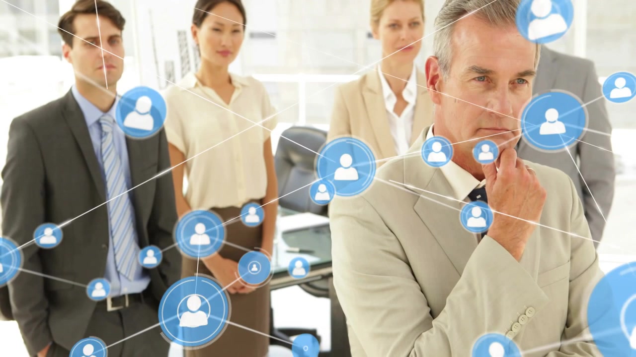 Senior exec pondering blue user icon appearing, network layering over team, showing business growth