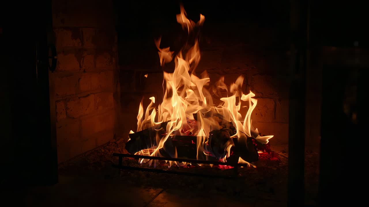 Flickering flames from chimney draft exposing hot embers on split logs on grate in hearth