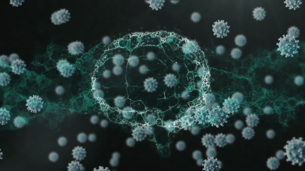 animación de las células del virus covid-19 sobre el modelo digital del cerebro en fondo negro