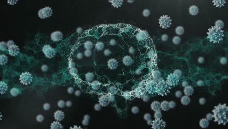 animation of covid 19 virus cells over digital model of brain on black background