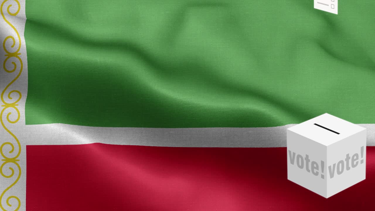 las papeletas de votación vuelan a la caja para la república de chechenia - caja de votación frente a la bandera - elección - bandera de la república de chechenia - bandera de las repúblicas chechenas de alto detalle - bandera nacional de la república chechenia patrón de ondas elementos en bucle - textura de tela y bucle sin fin - bandera vertical