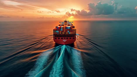 large cargo ship at sunset on the open ocean