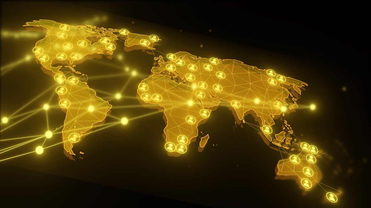 Global network connections animation over illuminated world map with glowing nodes