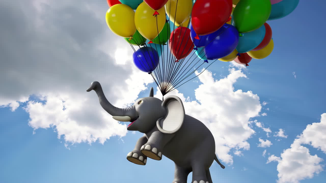 Cartoon Elephant Flying with Colorful Balloons in the Sky