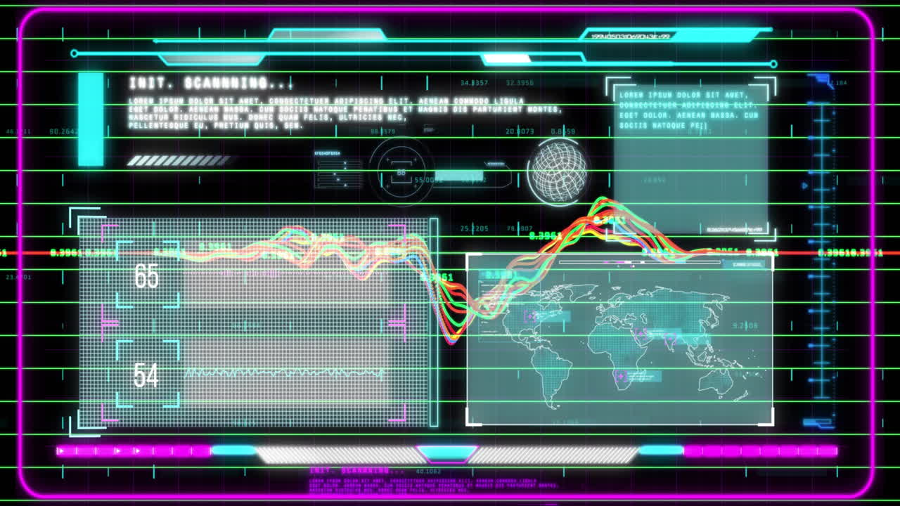 Futuristic HUD showing waveform graph, world map panel, scrolling text, rotating wireframe globe