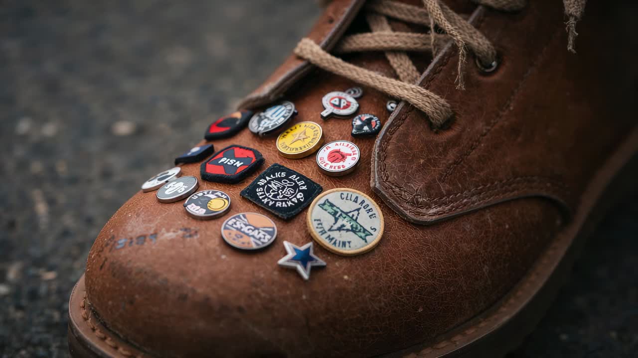 Shifting camera revealing brown work boot closeup on pavement, showing enamel pins and worn laces